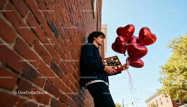 Young man holding heart balloons and chocolates outdoors