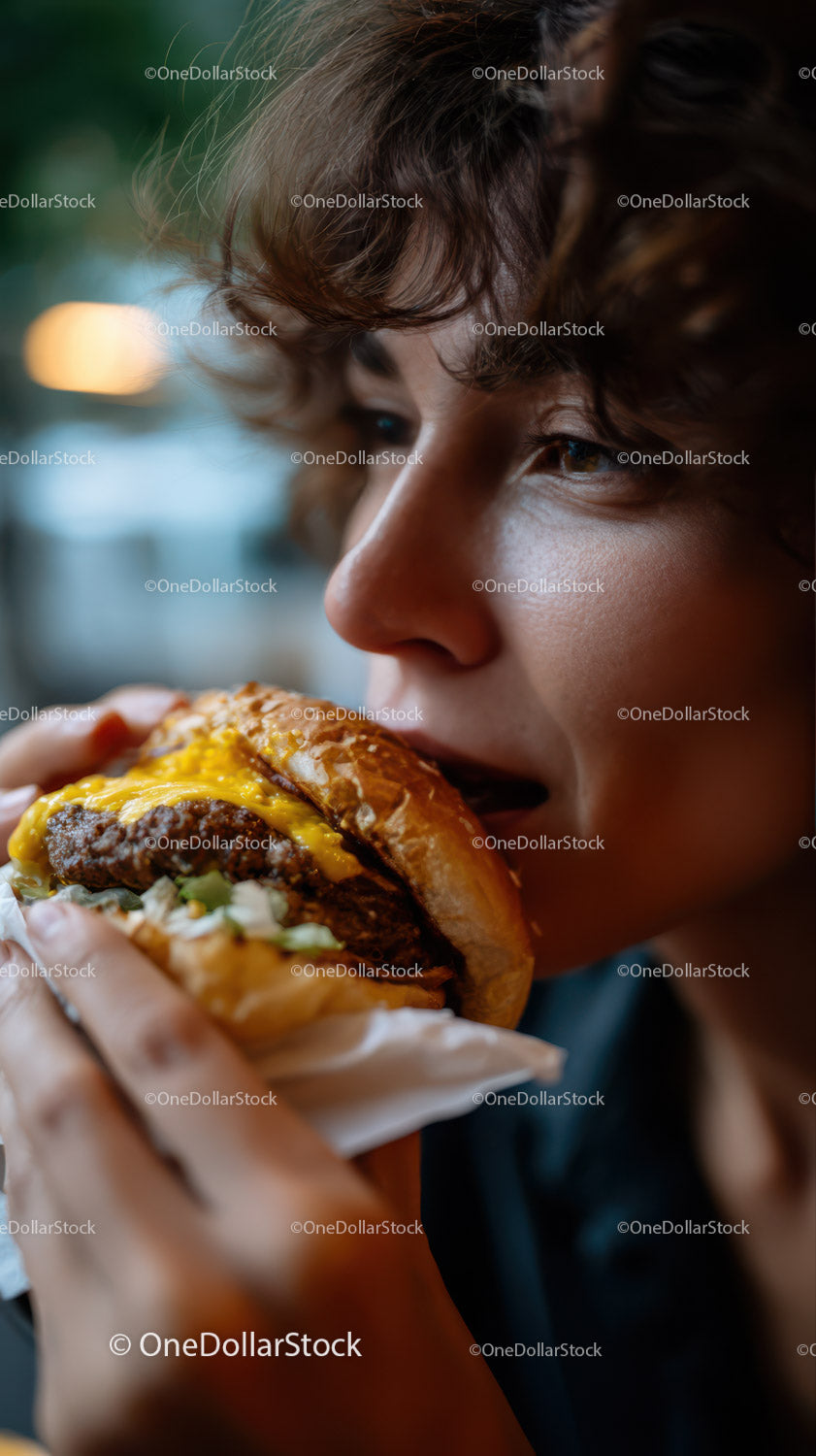 Młody mężczyzna delektuje się soczystym cheeseburgerem z bliska