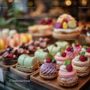 Colorful Assorted Macarons with Fresh Berries and Mint on Wooden Trays