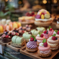 Colorful Assorted Macarons with Fresh Berries and Mint on Wooden Trays