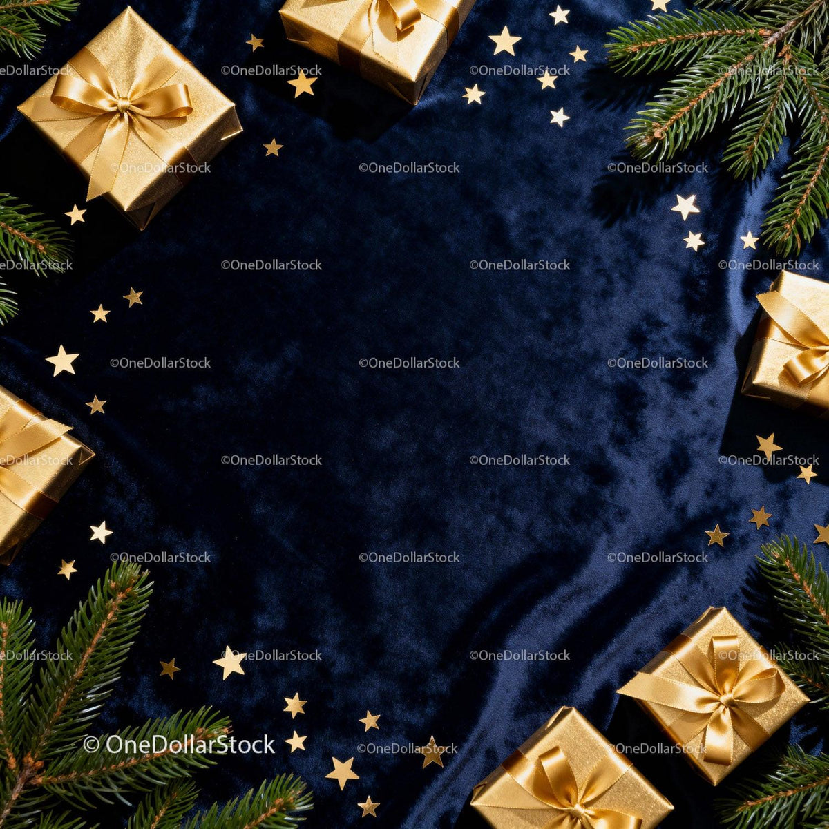 Gold Wrapped Gifts and Pine Branches on Velvet Fabric