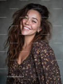 Joyful Woman with Bright Smile in Casual Floral Dress