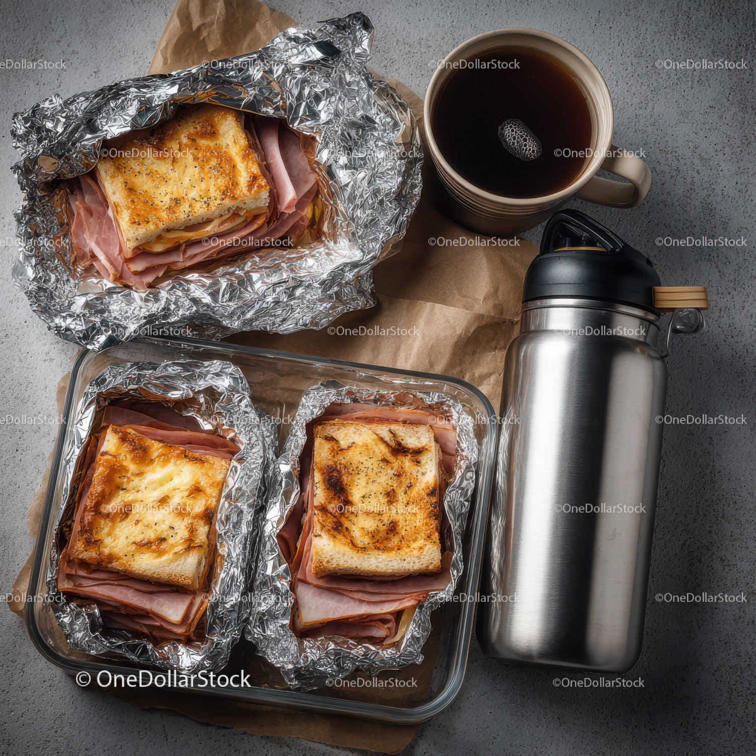 Hearty Ham and Cheese Toasted Sandwiches with Coffee on Gray Surface