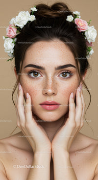 Elegant Young Woman with Freckles Wearing Floral Crown Close-Up Portrait