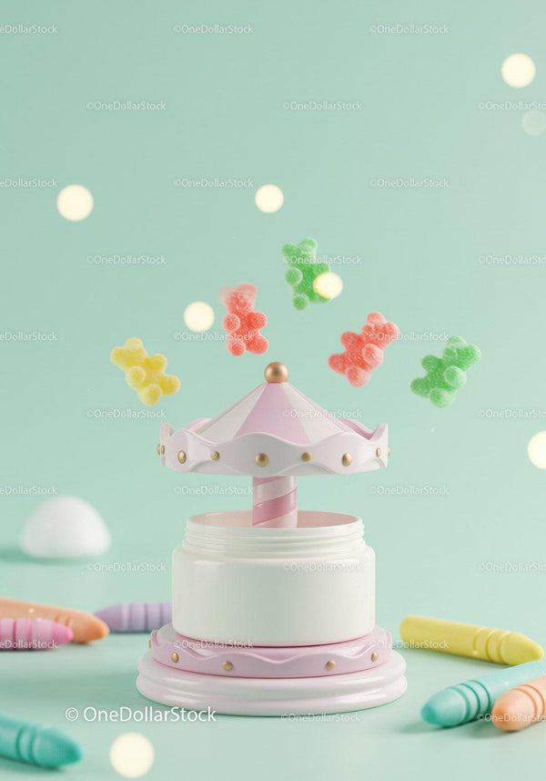 Whimsical carousel container with colorful gummy bears JPG Mockup Image