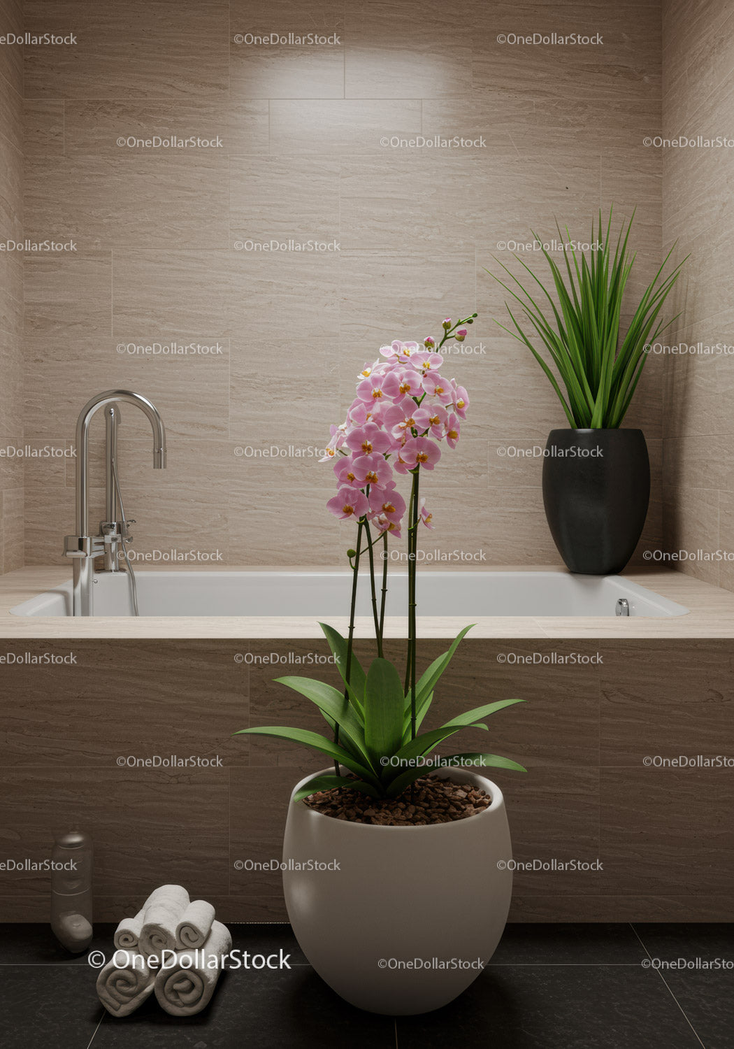 Elegant Modern Bathroom with Pink Orchid and Green Plant Decor