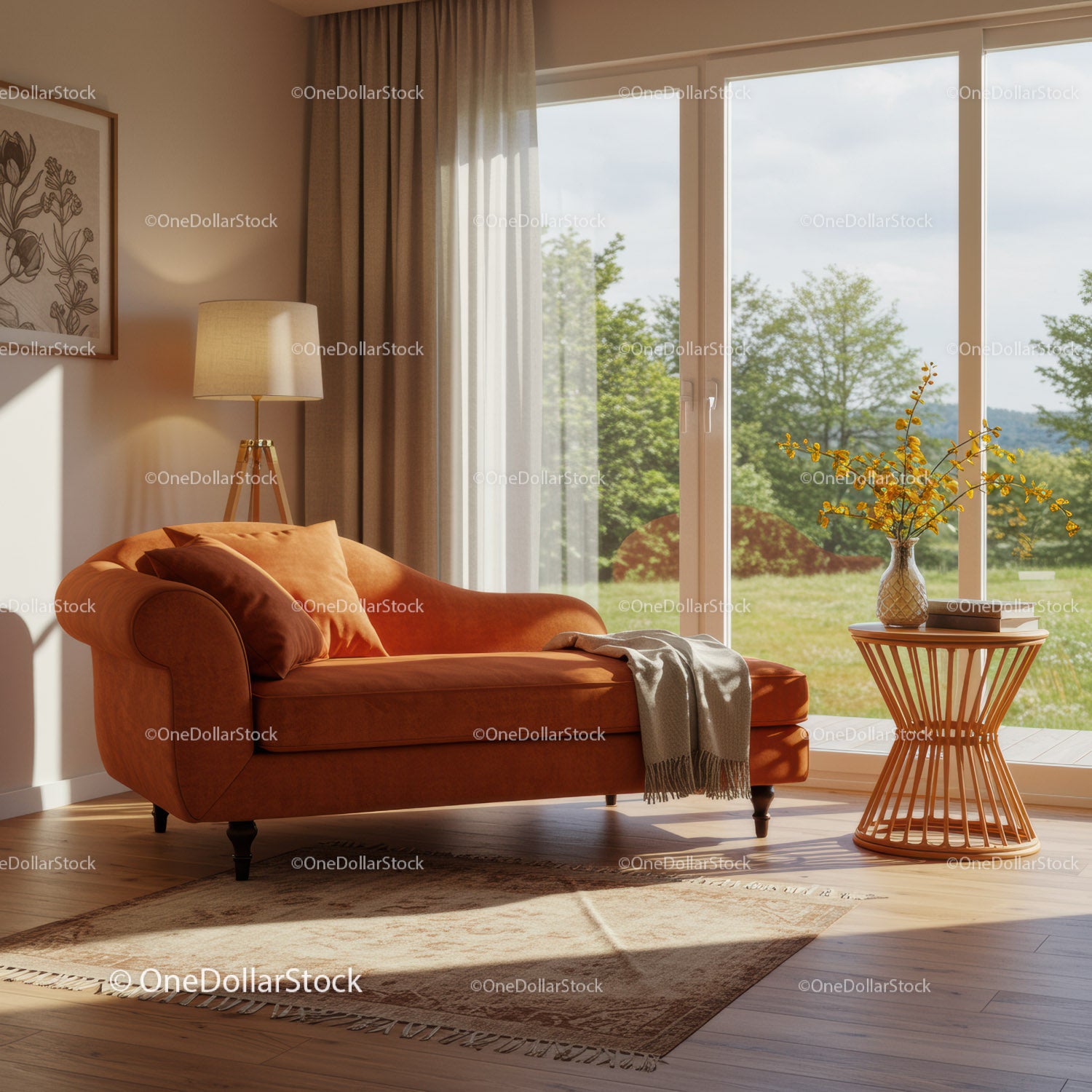 Cozy sunlit living room with orange chaise lounge
