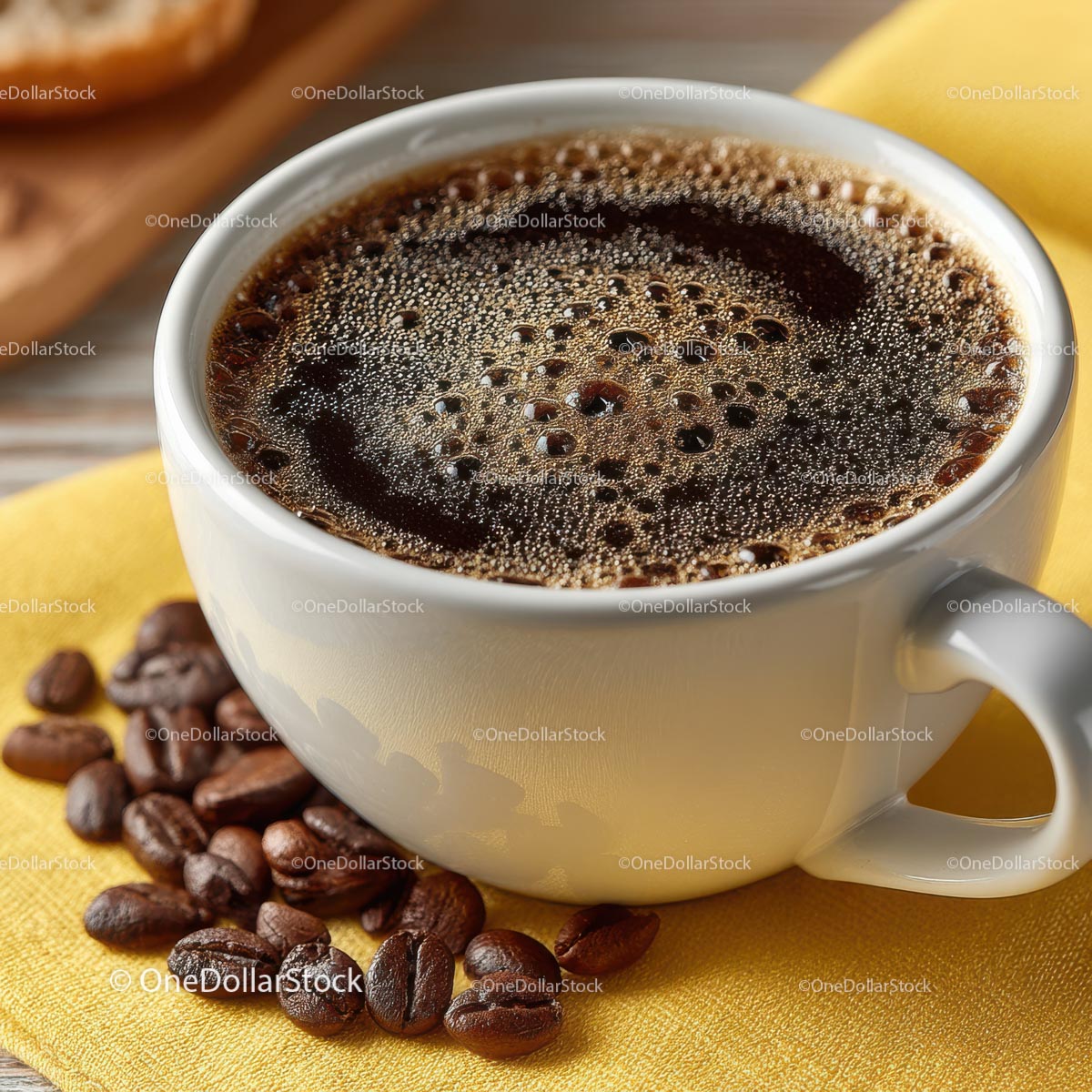 Freshly Brewed Coffee in a White Cup with Coffee Beans
