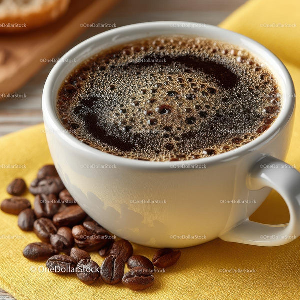 Freshly Brewed Coffee in a White Cup with Coffee Beans