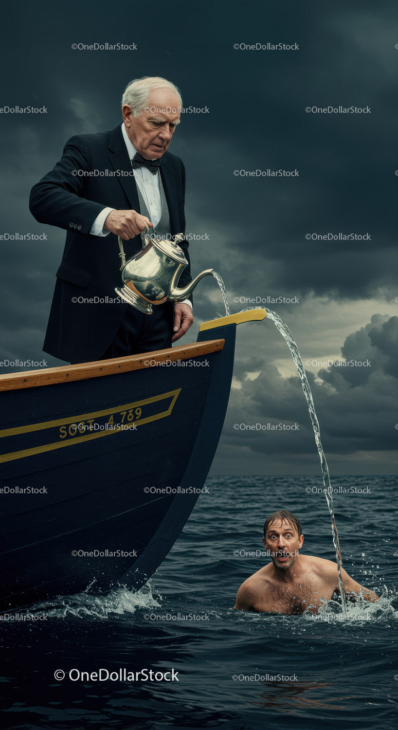 Elderly Man in Tuxedo Pouring Water Into a Boat Surreal Scene