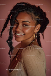 Joyful Smiling Woman with Braids and Golden Jewelry Portrait