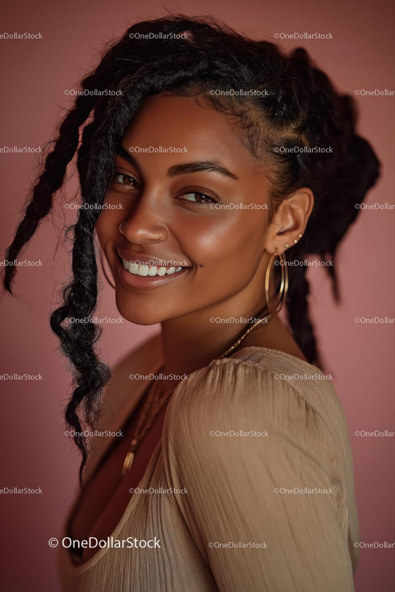 Joyful Smiling Woman with Braids and Golden Jewelry Portrait