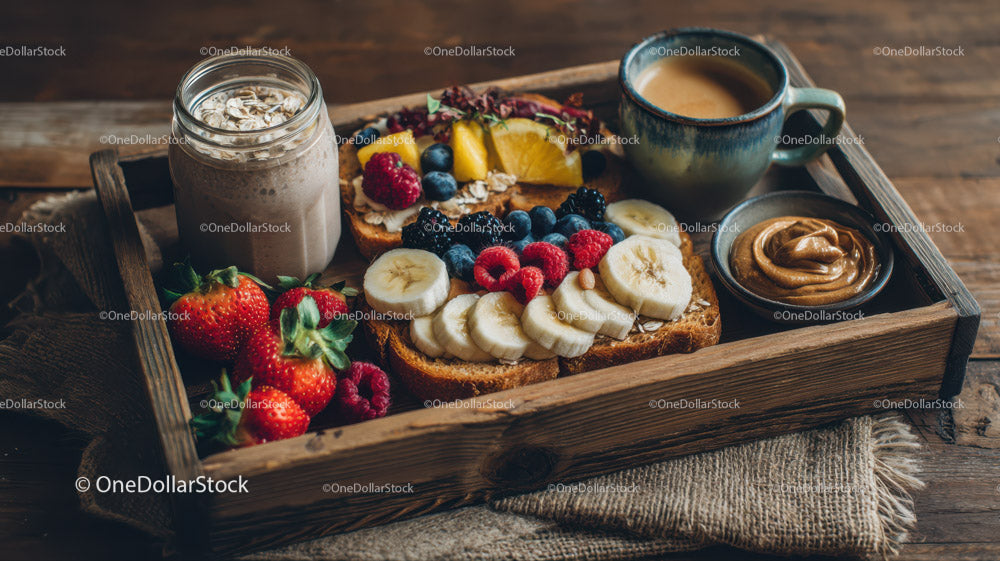 Fresh Fruit and Nutella Toast with Coffee on Rustic Wooden Tray