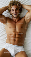 Smiling muscular man relaxing on bed in white underwear
