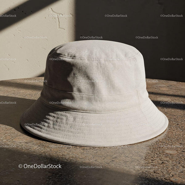 Minimalistyczny beżowy kapelusz typu bucket na rustykalnej powierzchni