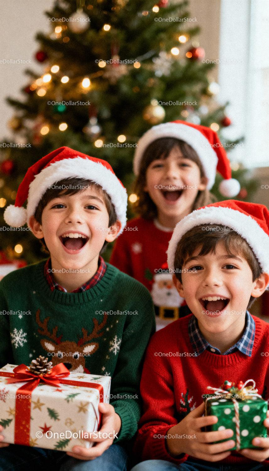 Cheerful children in Santa hats with Christmas gifts