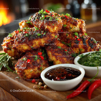 Crispy Fried Chicken with Barbecue and Herb Dips on Wooden Platter