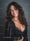 Happy Woman Dancing in Black Lace Top with Wavy Hair