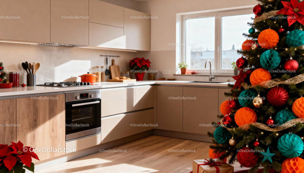 Cozy kitchen with modern design and festive Christmas tree