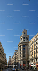 European Cityscape with Colonial Style Building and Blue Sky