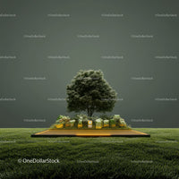 Large Oak Tree in Lush Green Forest Clearing with Scenic Landscape
