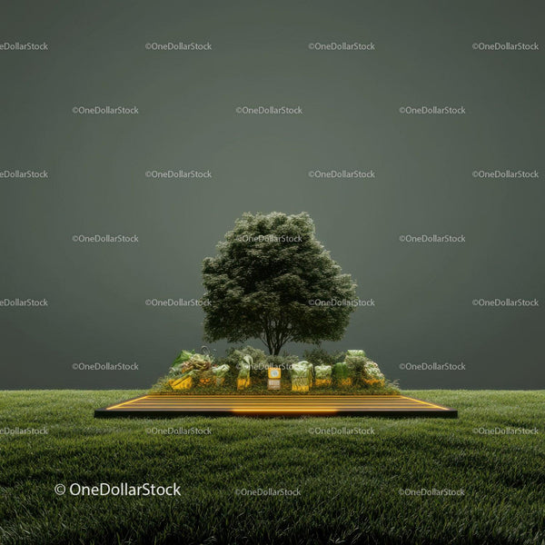 Tree Surrounded by Metallic Abstract Rocks on Illuminated Platform