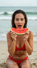 Young Woman Enjoying Watermelon at the Beach in Red Bikini