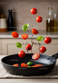 Fresh cherry tomatoes and basil leaves falling into pan