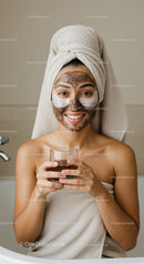 Young Woman Relaxing with Facial Mask and Glass of Tea