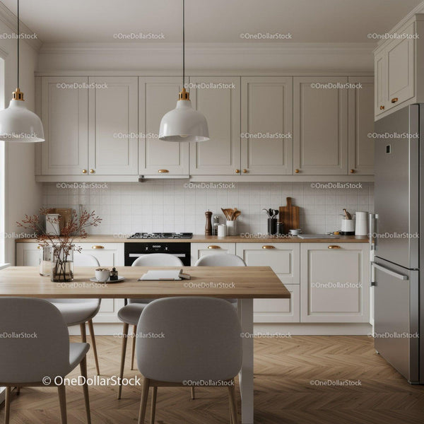 Modern White Kitchen with Wooden Dining Table and Stainless Steel Refrigerator