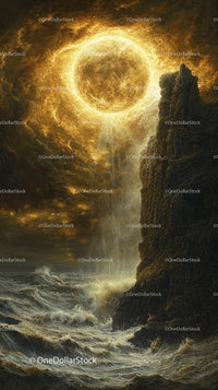Dramatic Sunset Eclipse Over Rugged Cliffs and Roaring Ocean