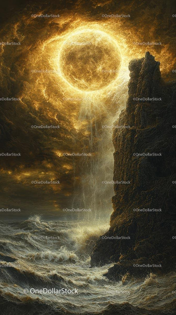 Dramatic Sunset Eclipse Over Rugged Cliffs and Roaring Ocean