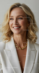 Confident Businesswoman with Blonde Hair Smiling in White Blazer