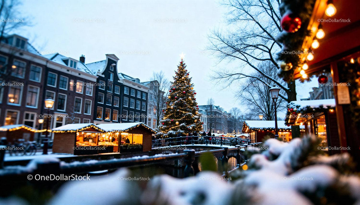 Festive Christmas market with decorated tree in snowy town