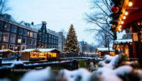 Festive Christmas market with decorated tree in snowy town