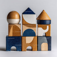 Set of Colorful Wooden Blocks and Shapes for Children's Play