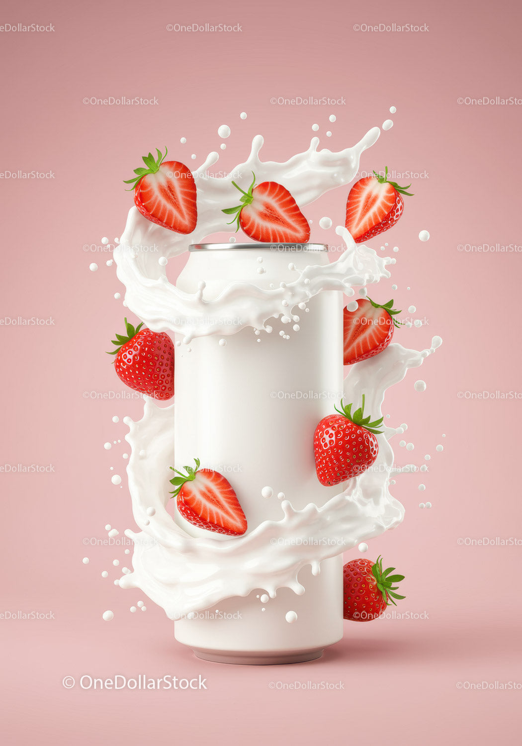 Refreshing strawberry splash around white beverage can
