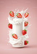Refreshing strawberry splash around white beverage can