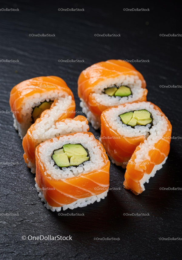 Fresh salmon sushi rolls with avocado on black slate