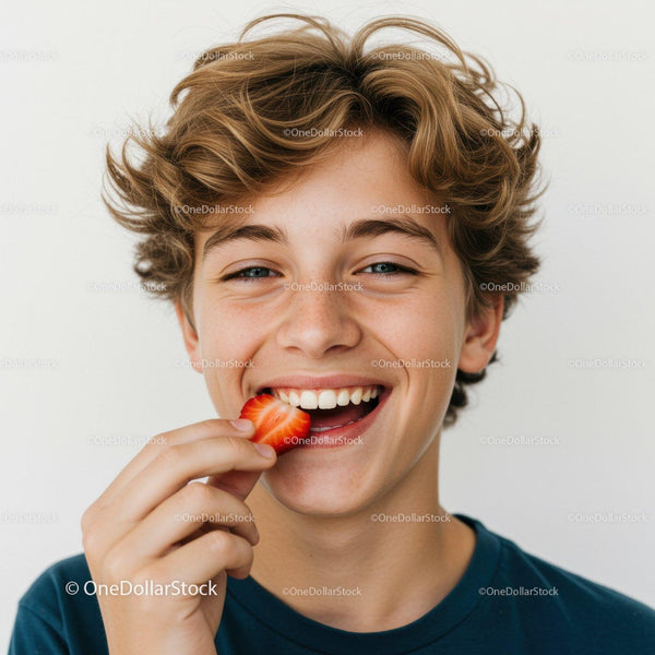 Happy Teenager Eating Strawberry in Bright Indoor Setting