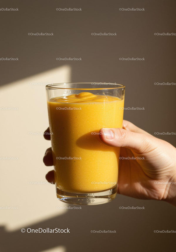 Hand Holding Glass of Fresh Mango Smoothie