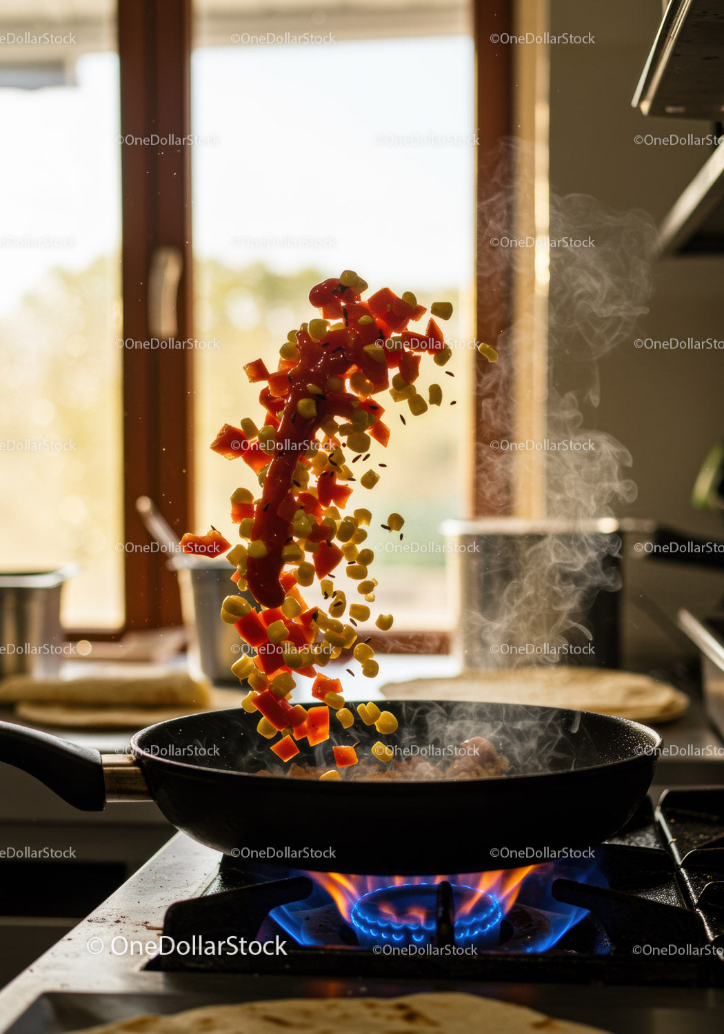 Fresh vegetables tossed in a hot frying pan cooking
