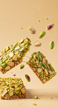 Closeup of Nut and Pistachio Energy Bars Breaking Apart