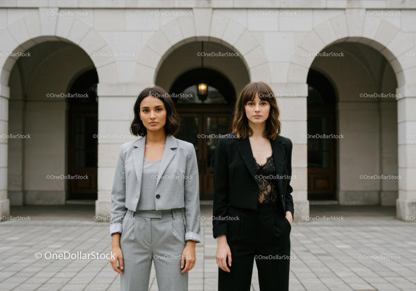 Stylish Women in Business Suits Standing Outside in Urban Setting