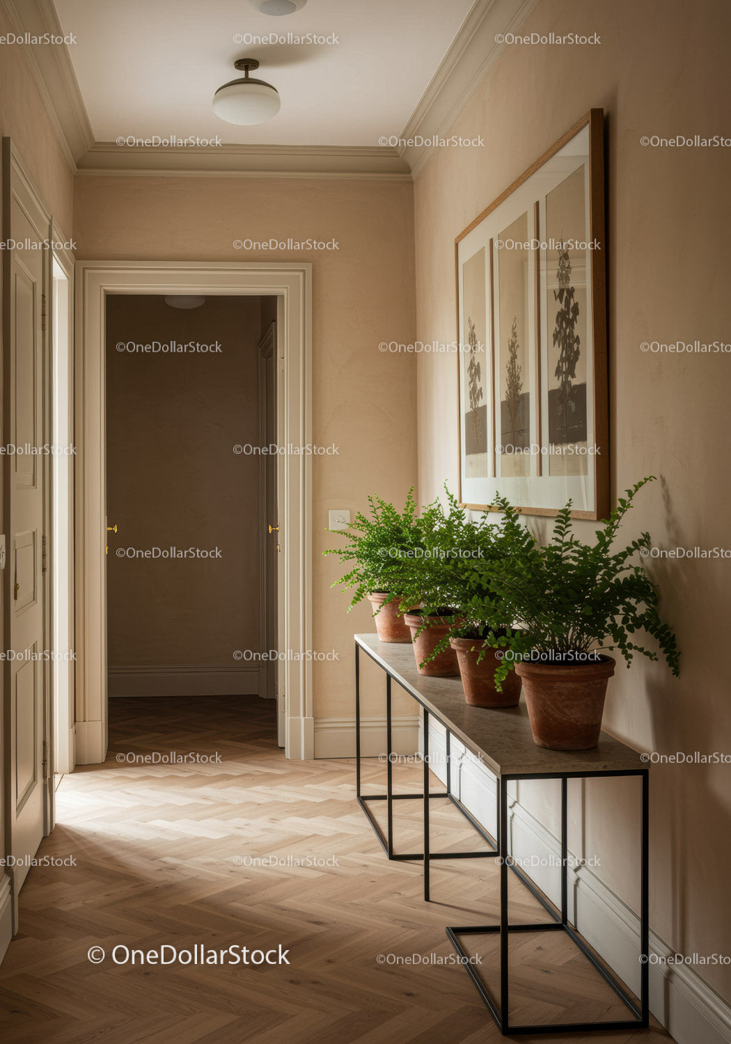Elegant Hallway with Green Potted Plants and Artistic Decor