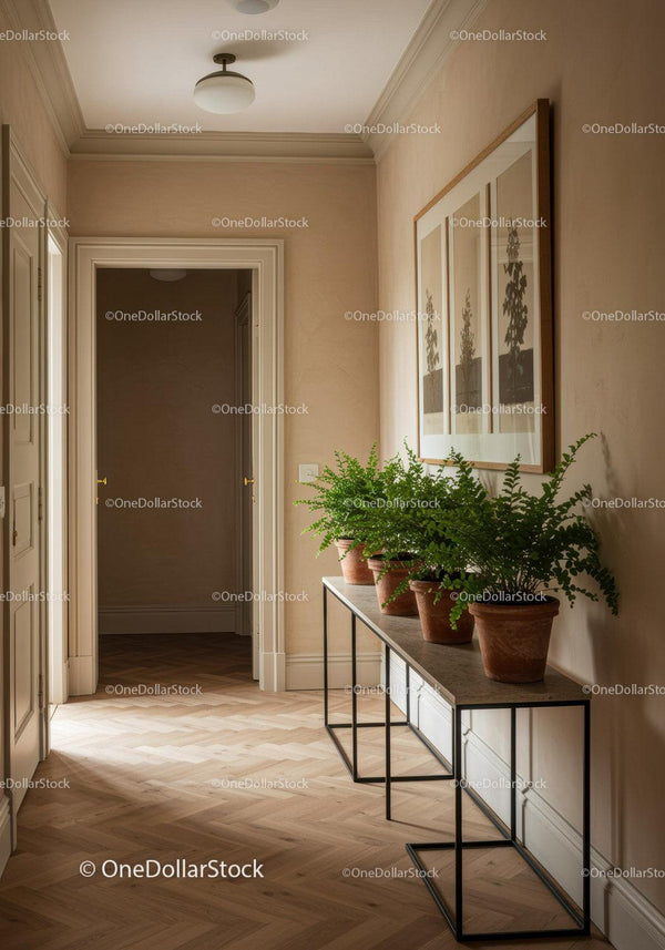Elegant Hallway with Green Potted Plants and Artistic Decor