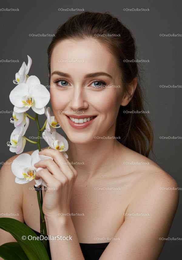 Szczęśliwa kobieta z białą orchideą - portret z bliska