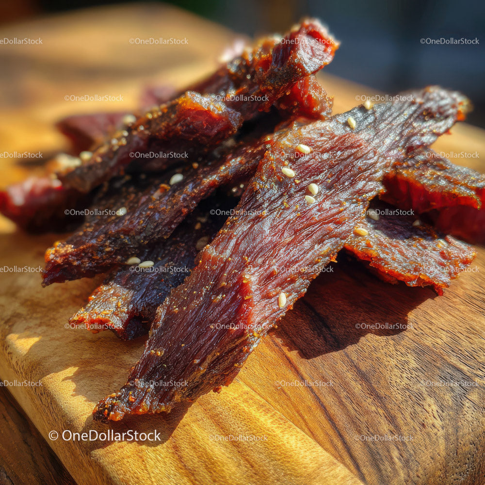 Premium Beef Jerky Close-up showing Texture and Seasoning