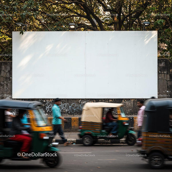 Busy street with auto rickshaws passing by urban wall JPG Mockup Image