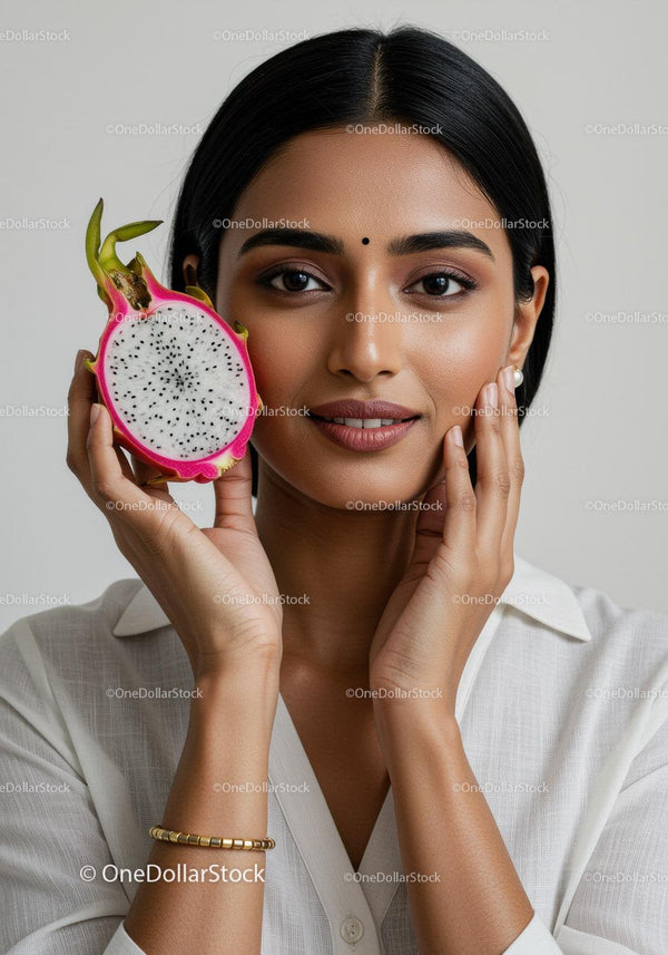 Beautiful Woman Holding Fresh Dragon Fruit in a Wellness and Beauty Portrait